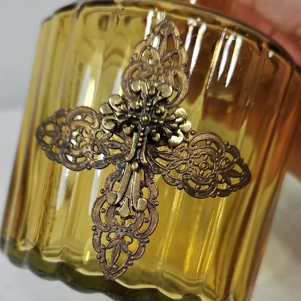 Vintage Yellow Glass Decorative Bottle with Metal Cross Accent  Bud Vase 5"x3.5" - Picture 3 of 9